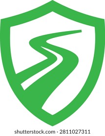 Minimal green road safety shield icon featuring a winding road inside a protective shield, ideal for transportation, navigation, insurance, and highway security concepts.