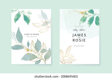 Minimal green tropical Wedding Invitation, floral invite thank you, rsvp modern card Design in Blue Geometric shape with golden line decorative Vector elegant rustic template