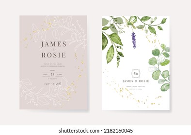 Minimal green Wedding Invitation, floral invite thank you, rsvp modern card Design  with golden line decorative Vector elegant rustic template