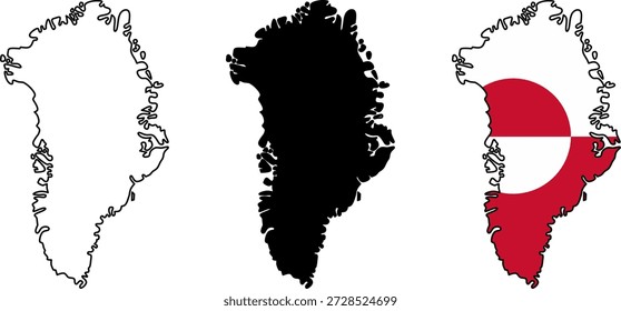 Colección mínima de mapa de Groenlandia con contorno, silueta sólida y superposición de bandera nacional. Ideal para proyectos de educación, viajes, geografía, infografía y diseño político.
