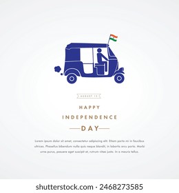 Diseño de saludo mínimo con ilustración de auto rikshaw o vehículo decorado con la bandera nacional de la India.  Por la celebración del día de la independencia india.