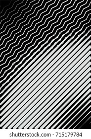 Minimal grey scale cover design. Halftone vector diagonal straight, zigzag wavy lines of different thickness, modern business background. Vertical simple cover for presentation, tech clean background.