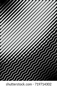 Minimal grey scale cover design. Halftone vector diagonal straight, zigzag wavy lines of different thickness, modern business background. Vertical simple cover for presentation, tech clean background.