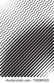 Minimal grey scale cover design. Halftone vector diagonal straight, zigzag wavy lines of different thickness, modern business background. Vertical simple cover for presentation, tech clean background.