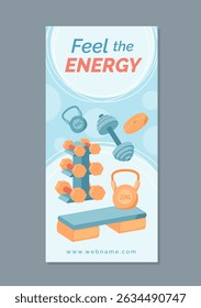 Minimal gym banner with sport equipment and fitness tools. Banner design with dumbbells, kettlebells, and mat for strength workout training. Clean background ideal for fitness flyers, health posters,