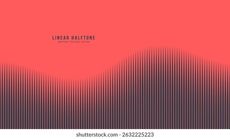 Minimal halftone background with rising wave-form stripes. Black tapering lines on red field build motion and harmony, perfect for music, rhythm and digital aesthetics. Conceptual smooth curved shape