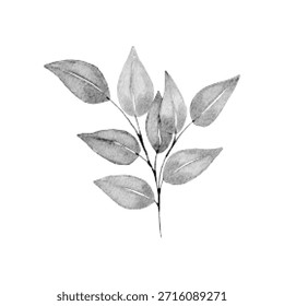 Ilustración botánica de semitono mínimo de una rama de hoja en blanco y negro. Silueta orgánica de la planta con la textura punteada, estilo gráfico moderno, aislado en el fondo blanco.