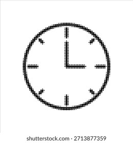 Minimal halftone clock icon in black and white, showing time concept with dotted texture. Abstract vintage print style illustration for schedule, deadline, productivity, and time management themes.