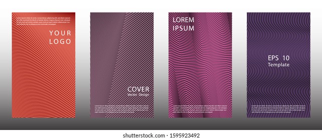 Minimal halftone lines cover page templates vector set. Flat graphic design. Poster halftone backgrounds collection. Book covers with lines, curves geometry. Gradient elements.