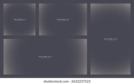 Minimal halftone round frame set with dot and rhombus patterns. Includes 1:1, 3:2, 9:16, 21:9 formats. Ideal for posters, UI, overlay texture, trendy banners. Half tone design elements collection