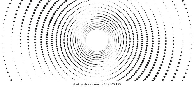 Fundo de vetor de meio-tom mínimo com pontos concêntricos radiais formando uma ilusão em forma de túnel. Ideal para tecnologia, retro, pop art e designs gráficos modernos.
