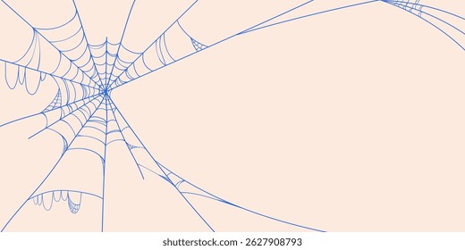 Minimal Halloween Banner with Outline Spider Web Frame in Hand Drawn Style. Doodle arachnid web perfect for cards, party invitations, web