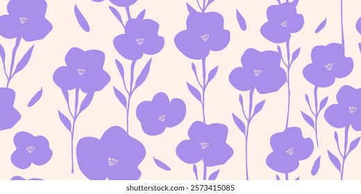 Minimal hand draw flower pattern beautifully floral purple color, seamless designs on textiles, clothing, gift wrapping, banners, home decor, abstract backgrounds. Vector illustration.