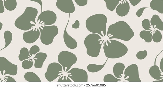 Minimal hand draw flower pattern beautifully floral with green color, seamless designs on textiles, clothing, gift wrapping, banners, home decor, abstract backgrounds. Vector illustration.