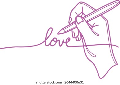 Minimal hand drawing love word with pen in one line art style, perfect for romantic illustrations, Valentine’s themes, typography designs, or creative minimalist concept projects.