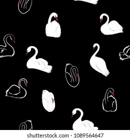 Minimal hand drawn balck and white Seamless pattern of swans in the lake . Vector illustration.For fashion fabric and all prints on black.