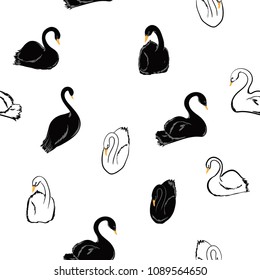 Minimal hand drawn balck and white Seamless pattern of swans in the lake . Vector illustration.For fashion fabric and all prints 