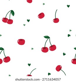 Patrón inconsútil de cereza dibujado a mano mínimo con corazones pequeños sobre fondo blanco en estilo de Vector lindo limpio