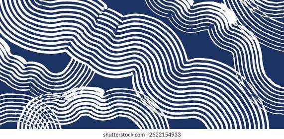 Minimal hand drawn curvy waves brush line abstract pattern in blue and white, Japanese and ethnic wood carving, engraving texture background, simple graphic for textile, carpet