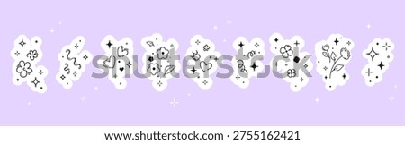Minimal hand drawn doodle icon set in sticker style with hearts stars flowers sparkles swirls and abstract symbols vector elements for stationery social media scrapbooking packaging and design