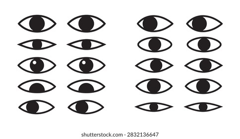 Minimal hand drawn doodle outline collection showing multiple stylized eye icons arranged in neat grid with bold black outlines, solid black pupils in varied positions, clean monochrome contrast