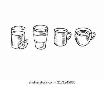 Minimal hand drawn drink set featuring glass with lemon, reusable cup, mug and cappuccino cup in simple monochrome style.