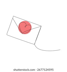 Minimal hand drawn envelope with a heart stamp, One line paper envelope email message post letter send sketch outline drawing vector illustration design