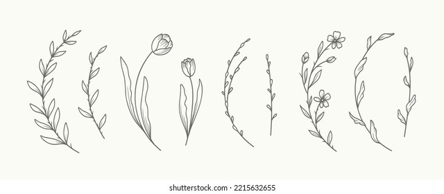 Minimal hand drawn floral botanical line art. Trendy elements of wild and garden plants, branches, leaves, flowers, herbs. Vector illustration for logo or tattoo, invitation save the date card