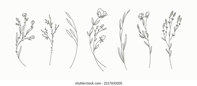 Minimal handgezeichnete botanische Linienkunst, trendige Elemente von Wildpflanzen und Gartenpflanzen, Äste, Blätter, Blumen, Kräutern. Vektorgrafik für Logo oder Tätowierung, Einladung speichern Sie die Datumskarte