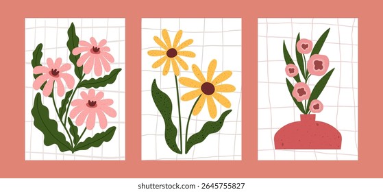 Minimal hand drawn floral posters featuring whimsical flowers in soft colors. Three botanical illustrations with organic shapes, vases, and leaves on a simple grid background