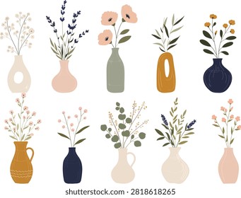 Minimal hand drawn floral vases collection featuring botanical bouquets, wildflowers, lavender, eucalyptus, poppies and delicate blooming branches in modern ceramic and glass vases. Soft neutral colors, Scandinavian, boho and cottagecore inspired floral illustrations perfect for greeting cards, wedding invitations, wall art, stationery, branding, social media, packaging, printable designs, scrapbook projects and seasonal decor.
