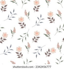 Minimal hand drawn flower and leaf seamless pattern on white background