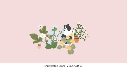 minimal Hand drawn flowers and leaf vector in Spring and summer collection with cat