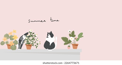 Kleinste handgezeichnete Blumen und Blattvektor in der Frühlings- und Sommerkollektion mit Katze