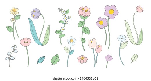 minimal Hand drawn flowers and leaf with sketch line vector in Spring and summer collection