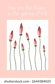 Minimal hand drawn flowers with long stems and pink petals, paired with inspirational quote. Great for wall art, greeting cards, and prints.
