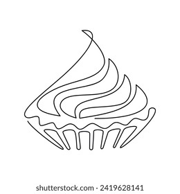 Minimal hand drawn illustration. Vector cake muffin creamy cupcake. One line continuous drawing. Linear dessert icon. Food print, banner, card, brochure, bakery logo, caffe sign, symbol, cafe menu.