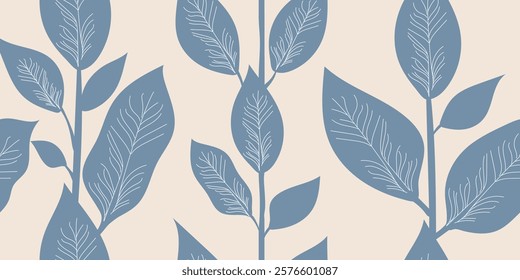 Minimal Hand drawn leaves and branches pattern blue color, seamless designs on textiles, clothing, gift wrapping, banners, home decor, abstract backgrounds. Vector illustration.