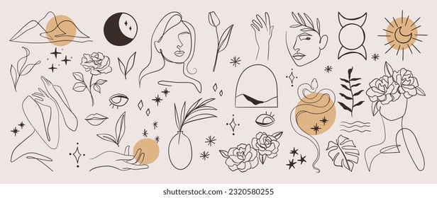 Minimal hand drawn line art vector set. Aesthetic line art design with woman body, face, hands, body, mountain, snake, moon, flower. Abstract drawing for wall art, decoration, wallpaper, tattoo.