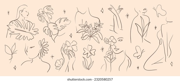 Minimal hand drawn line art vector set  Aesthetic line art design and woman body  faces  hands  butterflies  leaves  flower  Abstract drawing for wall art  decoration  wallpaper  tattoo 