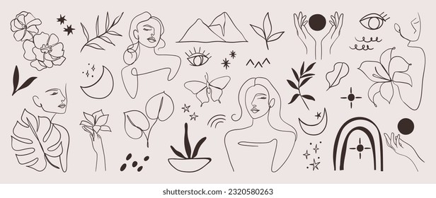 Minimal hand drawn line art vector set. Aesthetic line art design with woman body, face, hands, body, mountain, butterfly, moon, flower. Abstract drawing for wall art, decoration, wallpaper, tattoo.