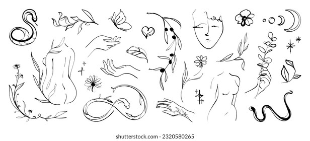 Minimal hand drawn line art vector set. Aesthetic line art design with woman body, face, hands, butterflies, leaves, flower, snake, moon. Abstract drawing for wall art, decoration, wallpaper, tattoo.