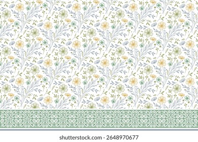 padrão contínuo floral de linha desenhada à mão mínima com borda com contornos florais contínuos e elementos de algodão para coberturas de travesseiro de luxo e têxteis de cozinha


