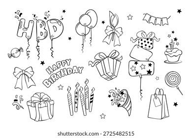 Mínimas ilustrações de linha desenhada à mão de presentes de aniversário, balões, velas e elementos da festa.