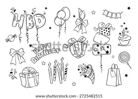 Minimal hand drawn line illustrations of birthday gifts, balloons, candles and party elements.Outline sticker set.