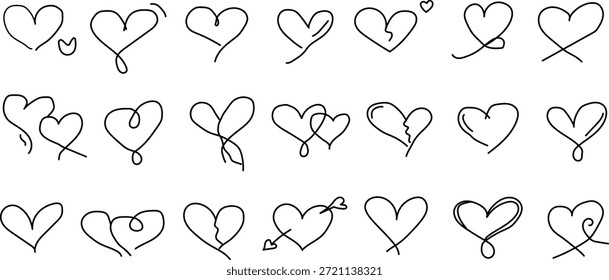 Mínimo mão desenhada uma linha coração ilustração conjunto com contínua linha preta rabiscos. Esta coleção inclui formas cardíacas abstratas, modernas e elegantes simbolizando amor, romance, relacionamentos e conexão emocional. Perfeito para projetos de Dia dos Namorados, convites de casamento, marcas, logotipos, postagens em mídias sociais, cartazes, cartões de felicitações, tatuagens e projetos de design gráfico moderno. Estilo de contorno limpo sem cor de preenchimento, isolado no fundo branco, adequado para conceitos visuais contemporâneos e minimalistas.