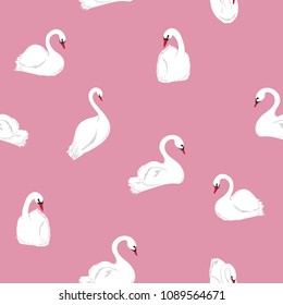 Minimal hand drawn Seamless pattern of swans in the lake. Vector illustration.For fashion fabric and all prints on sweet pink  background.