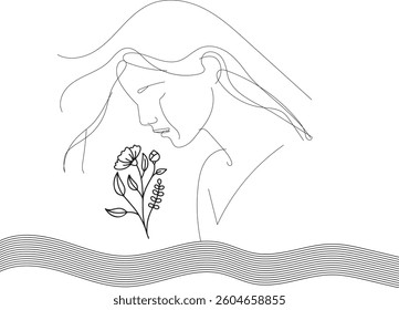 Minimal Hand drawn Single Line Vector Illustration Emotional Girl with Flower