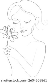 Minimal Hand drawn Single Line Vector Illustration Emotional Girl with Flower