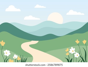 Minimal hand drawn summer countryside landscape background design